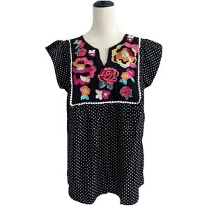 Savanna Jane Blouse Top Womens Large  Embroidered Flutter Sleeves Boho Peasant